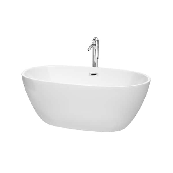 Wyndham Collection Juno 4.9 ft. Acrylic Flat Bottom Non-Whirlpool Bathtub in White with Polished Chrome Trim and Faucet