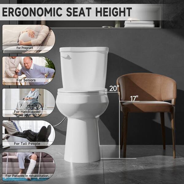 Unbranded - 19 in. ADA Height 2-Piece Toilet 1.28 GPF Single Flush Elongated White Tall Toilet Comfort Bowl Height Bathroom Toilet