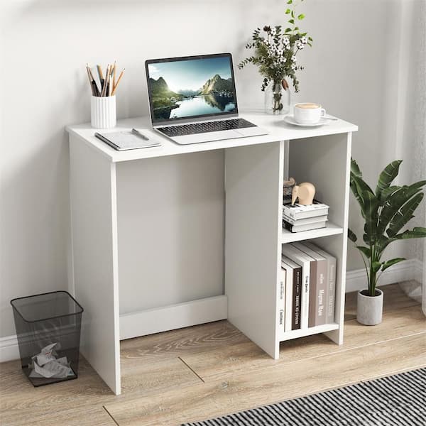 31.5 in. Rectangular White Particle Board 0-Drawer Computer Desk with Shelves for Small Space Simple Style Workstation