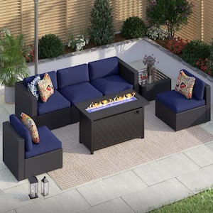 7-Piece Metal Patio Fire Pit Conversation Set Wicker Sectional Sofa with Blue Cushions