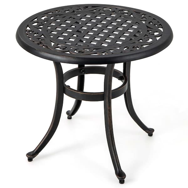 Costway Brown Round Metal 24 in. Outdoor Side Table with Adjustable Footpads