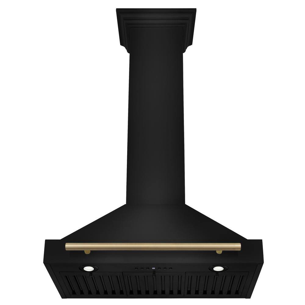 30'' Black Stainless Steel Wall Mount Range Hood with Gold Handle