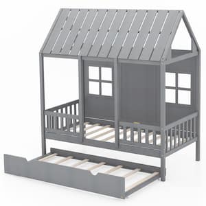 Twin Size House Bed with Trundle Fence Decor Wooden Windows Tall Roof Gray