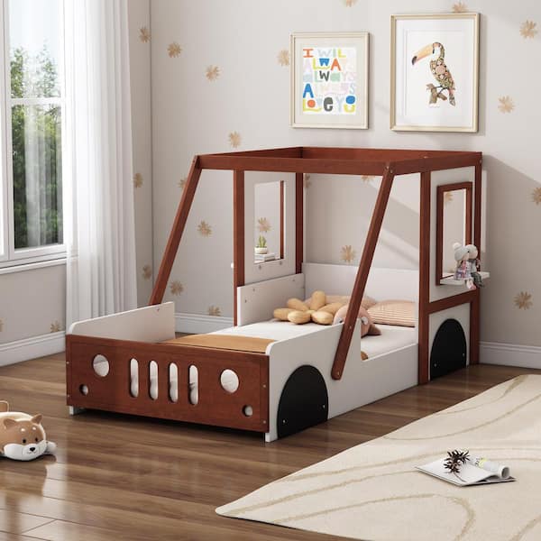 Polibi Wood Frame Twin Size Car-Shaped Platform Bed for Kids, White/Walnut