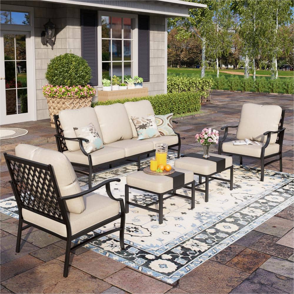 PHI VILLA Black 5-Piece Metal Meshed 7-Seat Outdoor Patio Conversation Set  with Beige Cushions and 2 Ottomans DE02GF1495256 - The Home Depot