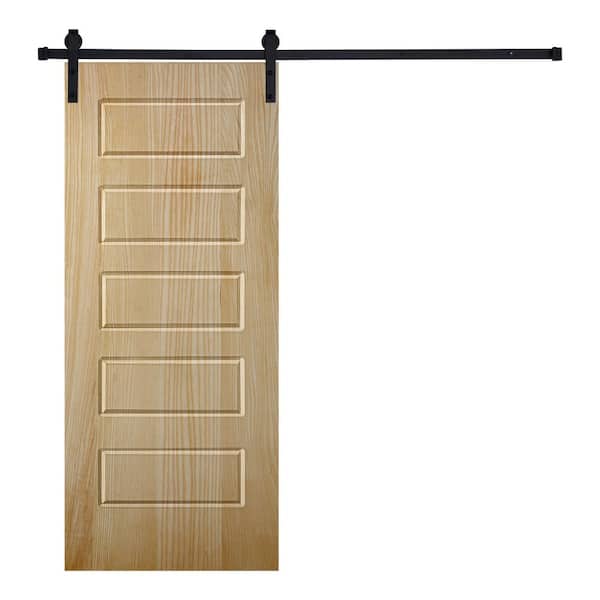 AIOPOP HOME 5-Panel Riverside Designed 96 in. x 32 in. Wood Panel Mother Nature Painted Sliding Barn Door with Hardware Kit