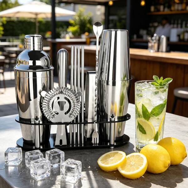 Anqtovp 17-Piece Black Stainless Steel Cocktail Shaker Set with Acrylic Stand and Recipe Book