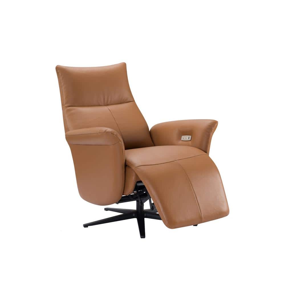 Premium Top Full Grain Leather Power Recliner In Orange/Black Color