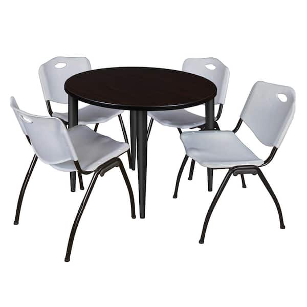 Regency Trueno 36 in. Round Mocha Walnut and Black Wood Breakroom Table and 4-Grey 'M' Stack Chairs (Seats-4)