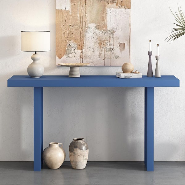 59 in. Navy Blue Rectangle Oak Veneer MDF Console Table with Distinctive Side Shapes