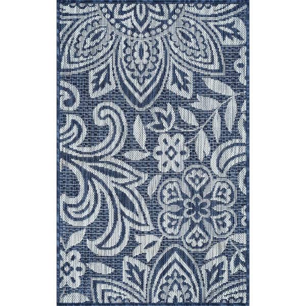 Tayse Rugs Veranda Floral Navy 2 ft. x 3 ft. Indoor/Outdoor Area Rug