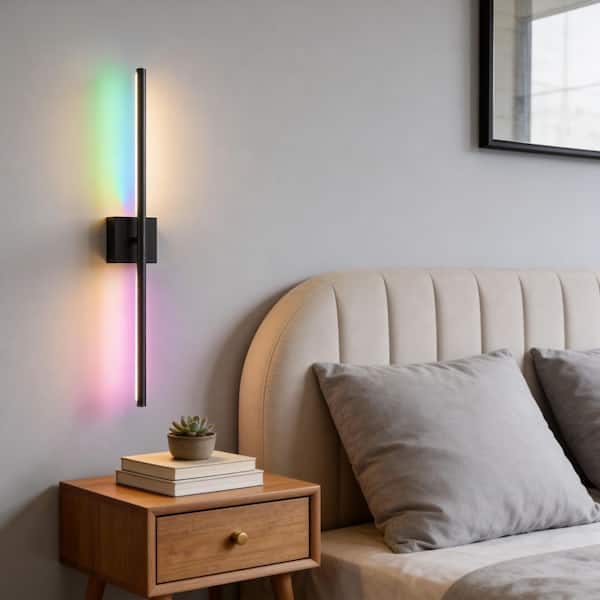 28 in. 2-Light Black Wall Sconces, Wireless LED 3CCT-RGB Wall Lights for Bedroom, Living Room, 2-Pack
