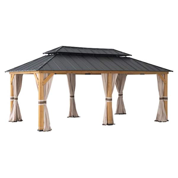 12 ft. x 20 ft. Cedar Wood Hardtop Gazebo with Galvanized Steel Roof and Curtains