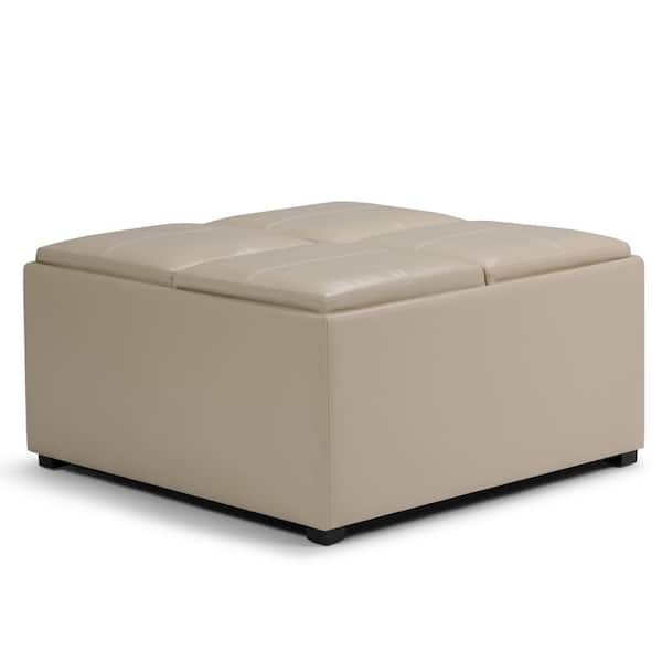 Avalon 35 in. Wide Contemporary Square Coffee Table Storage Ottoman in Satin Cream Vegan Faux Leather, Assembled