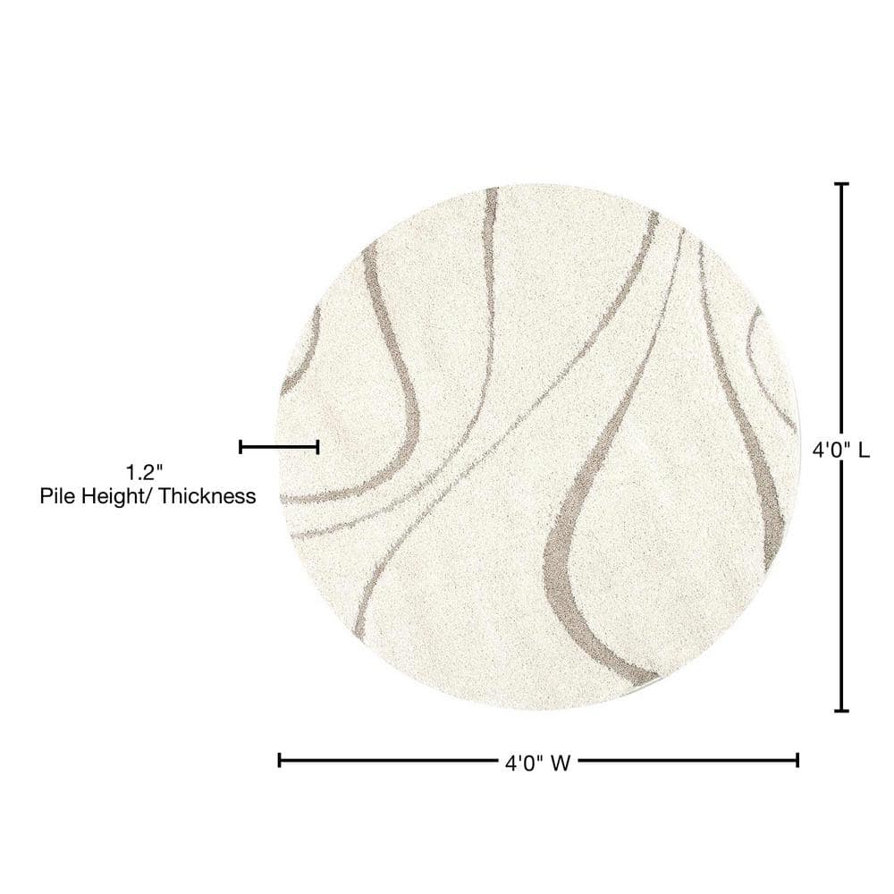 Cream and Beige Abstract Round Shag Rug, 4'0"