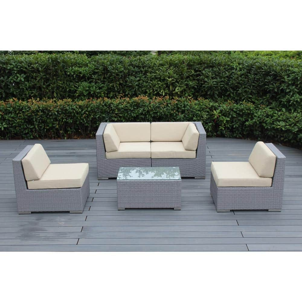 Ohana Depot Ohana Gray 5-Piece Wicker Patio Seating Set With Sunbrella ...