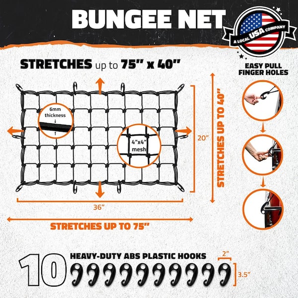 Mockins 20 in. x 36 in. Heavy-Duty Bungee Cargo Net - Stretches to 42 in. x 74 in.