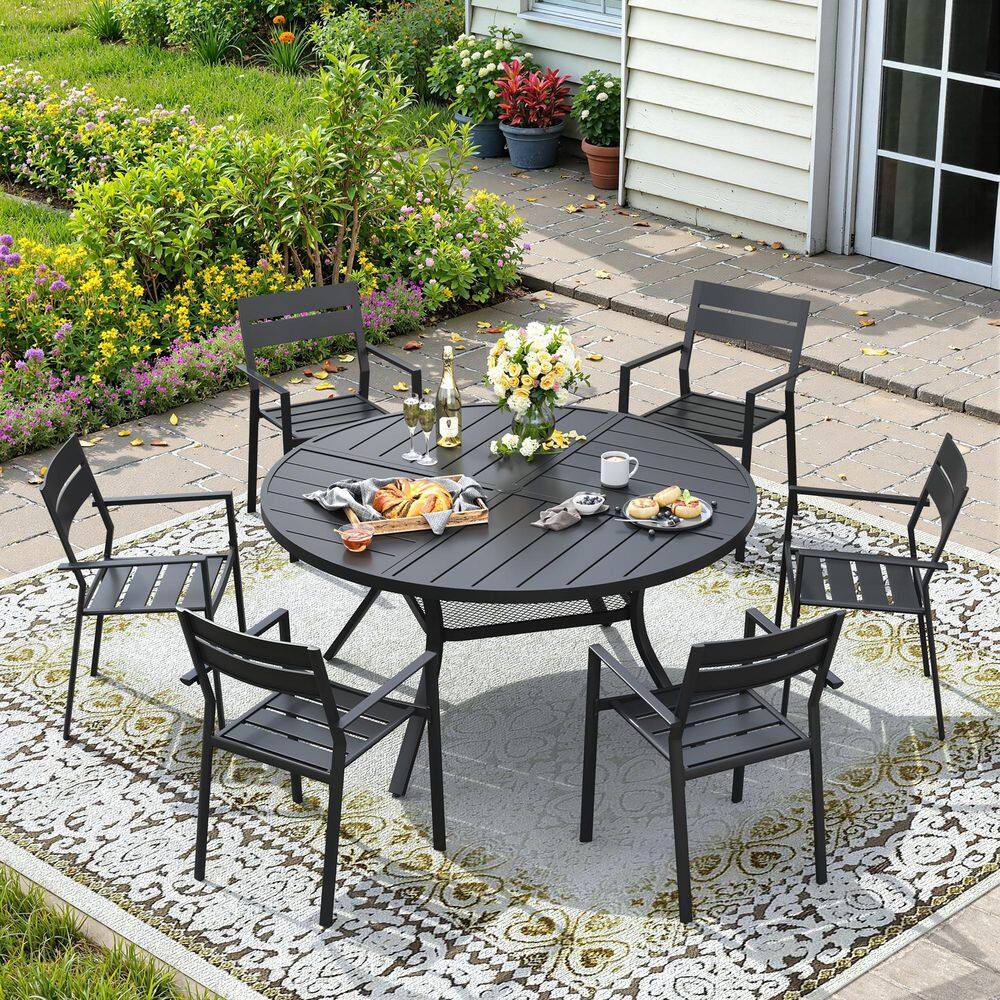 7-Piece Metal Outdoor Patio Dining Set with 47.2 in. Black Round Table and 6 Stackable Chairs in Black price history on PriceWatchPro