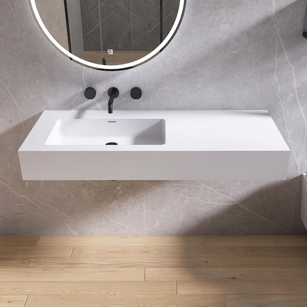 47 in. White Solid Surface Wall-Mounted Bathroom Vessel Sink