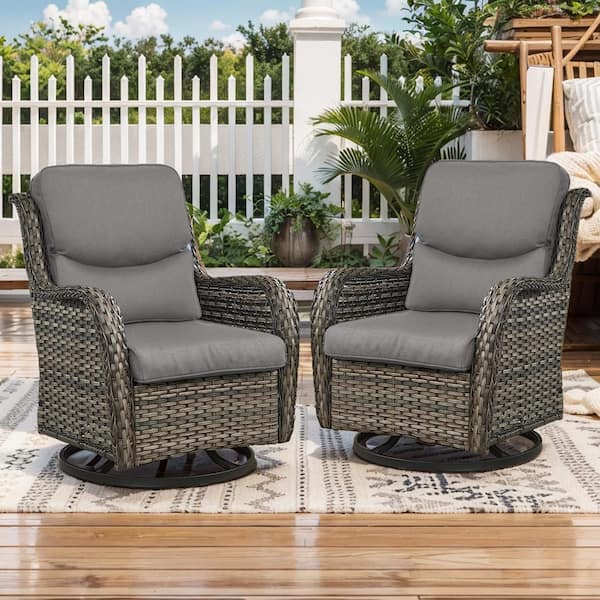 Crescent Gray Wicker Outdoor Rocking Chair Patio Swivel Chairs with CushionGuard Gray Cushions (2-Pack)