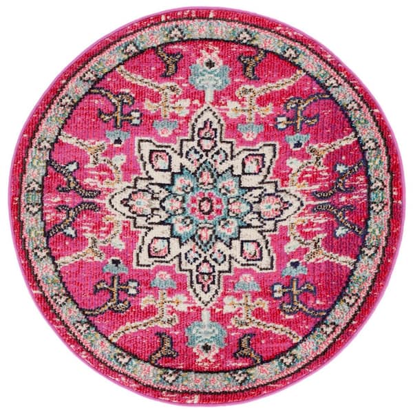 SAFAVIEH Madison Fuchsia/Blue 4 ft. x 4 ft. Distressed Border Round Area Rug