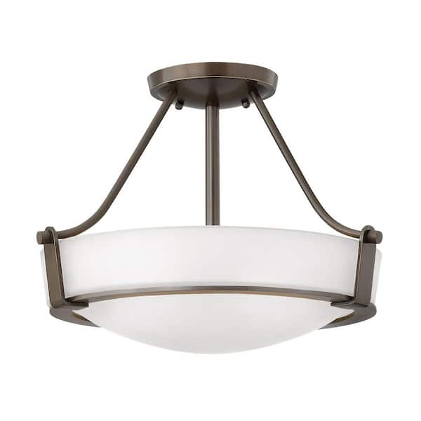 HINKLEY Hathaway 16 In. LED -Light Olde Bronze With Etched White Glass Led Semi-Flush Mount