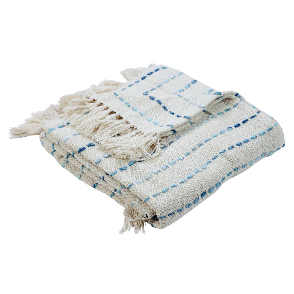Cream and Blue Cotton Reversible Throw Blanket, 50" x 60"