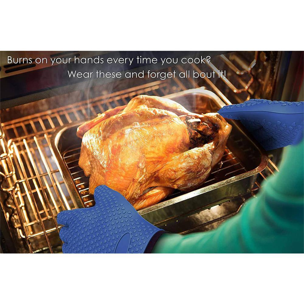 Blue Silicone Heat Resistant BBQ Gloves with Cotton Lining