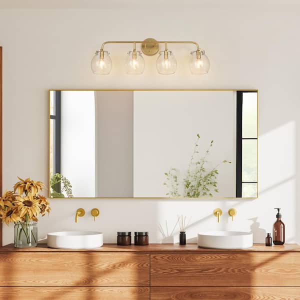 29 in. Seeded Glass Wall Sconce Lighting, 4-Light Modern Gold Bathroom Vanity Light, Globe Farmhouse Bath Lighting