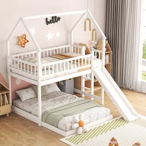L-Shaped White Twin over Full Wood House Bunk Bed with Built-in Ladder and Slide