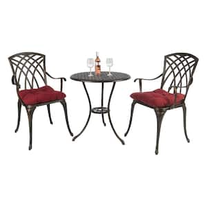 3-Piece Cast Aluminum Patio Bistro Set Rust-proof Outdoor Bistro Set with Red Cushion