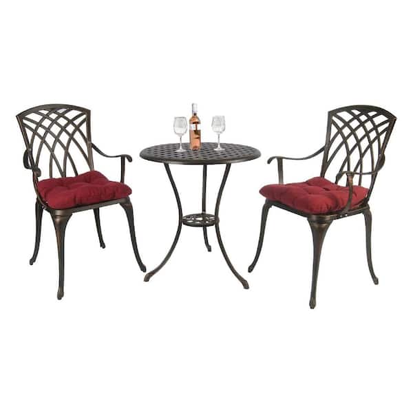 VIWAT 3-Piece Cast Aluminum Patio Bistro Set Rust-proof Outdoor Bistro Set with Red Cushion