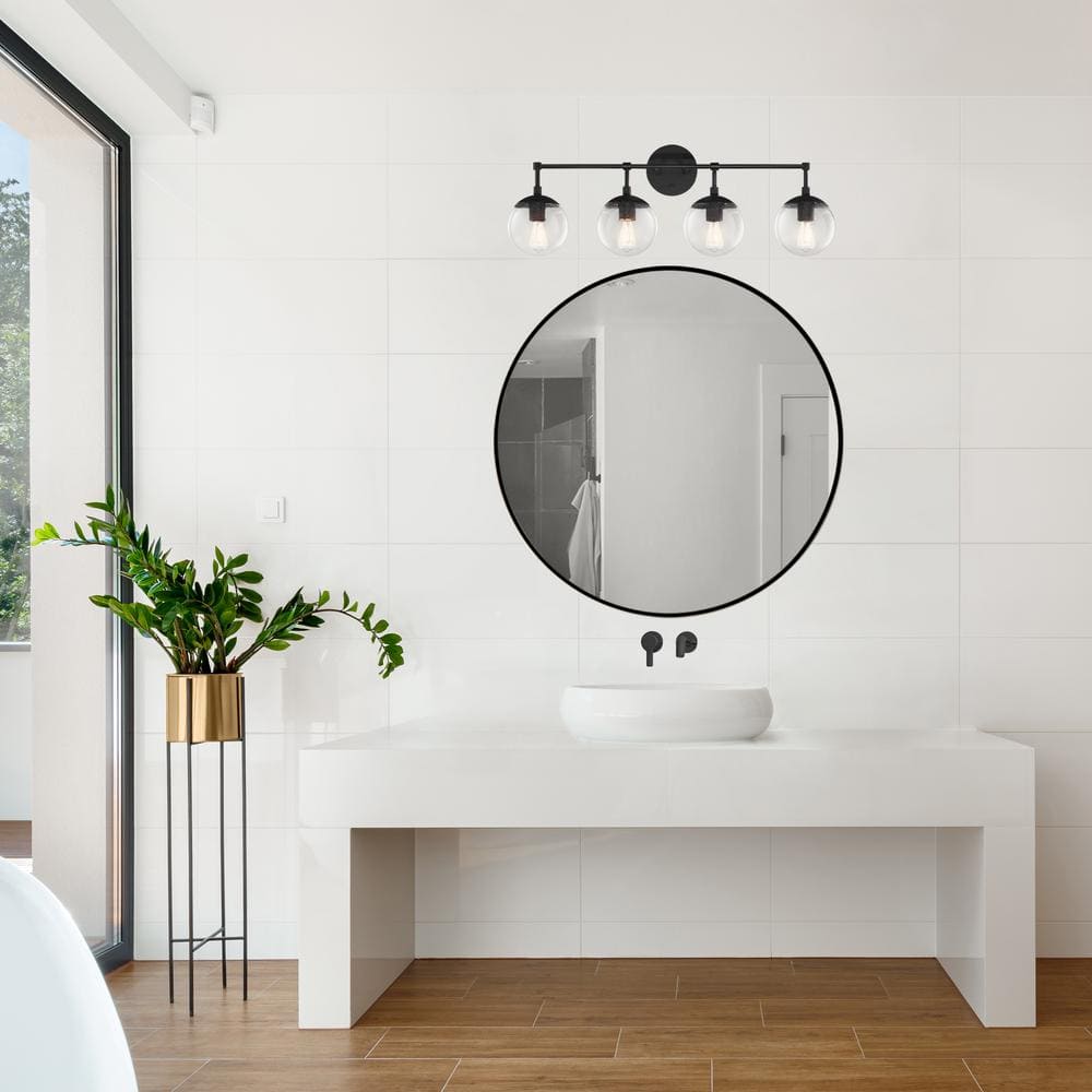 Matte Black 4-Light Vanity with Seedy Glass Shades