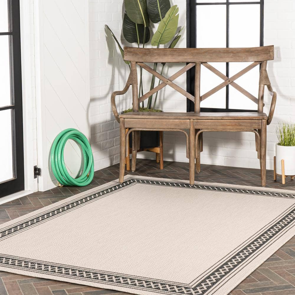 Lucia Modern Diamond Border Cream/Black 8' x 10' Indoor/Outdoor Rug