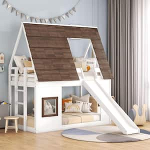 House-Shaped Design Wood Twin Size Bunk Bed with Roof, Ladder and 2 Windows, White/Brown