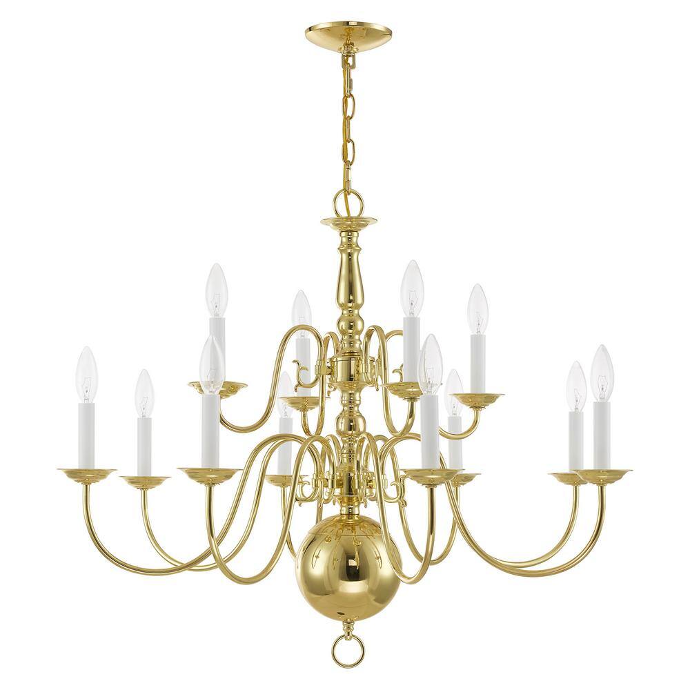 Elegant Colonial 12-Light Polished Brass Chandelier with Candelabra Base