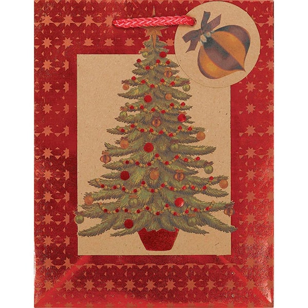 Amscan 9 in. x 7 in. x 4 in. Seasonal Tree Hot Stamped Kraft Bags (18-Pack)