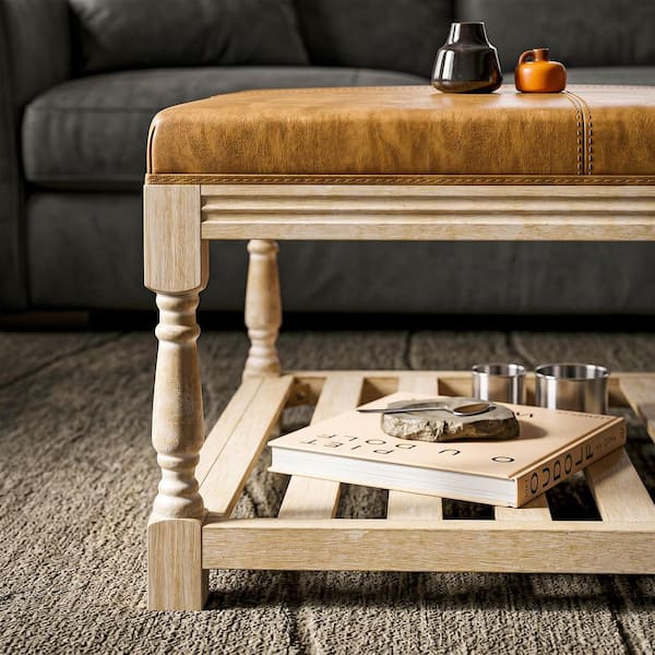 Homsee 31.5 in. Natural Wood Brown Square Leather Top Coffee Table