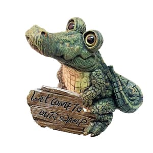 Toad Hollow 11 in. H Large Standing Whimsical Gator with Welcome To Our Swamp Sign Alligator Statue