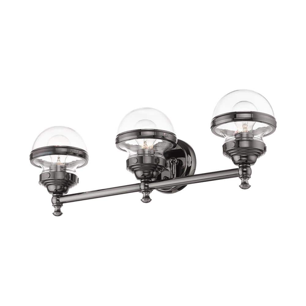 Polished Black Chrome 3-Light Vanity with Hand Blown Clear Glass