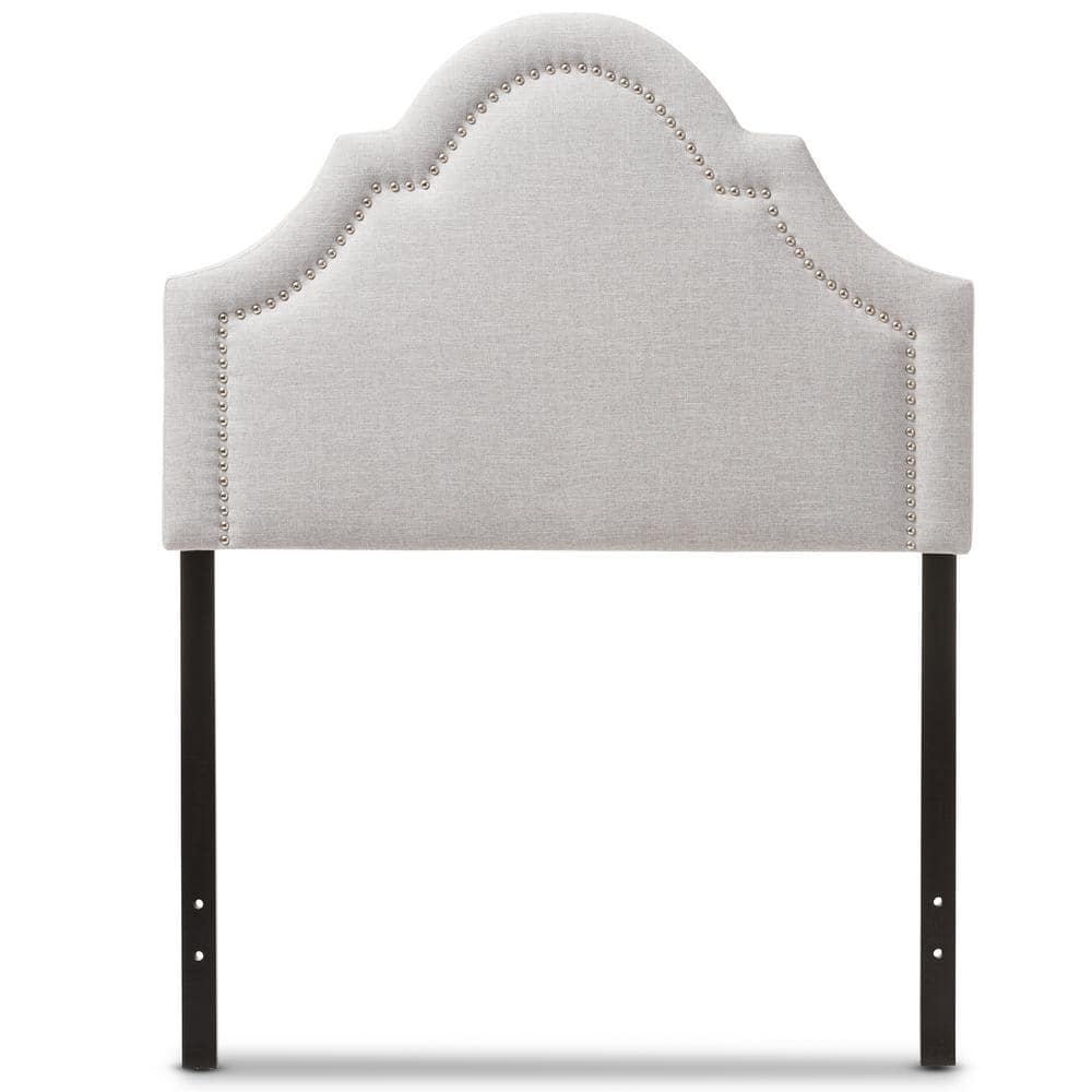 Grayish Beige Upholstered Queen Headboard with Silver Nail Trim