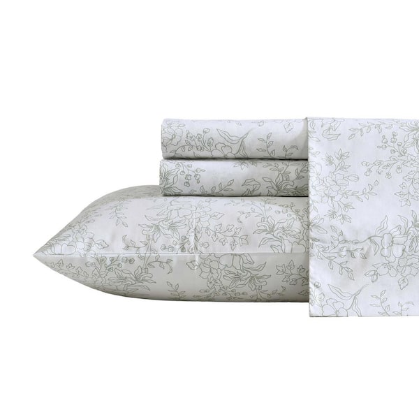 Hawley Floral 4-Piece Desert Sage Green Percale Cotton King Sheet Set