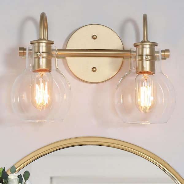 Modern Light Gold Bathroom Vanity Light 13 in. W 2-Light Powder Room Wall Light with Globe Clear Glass Shades