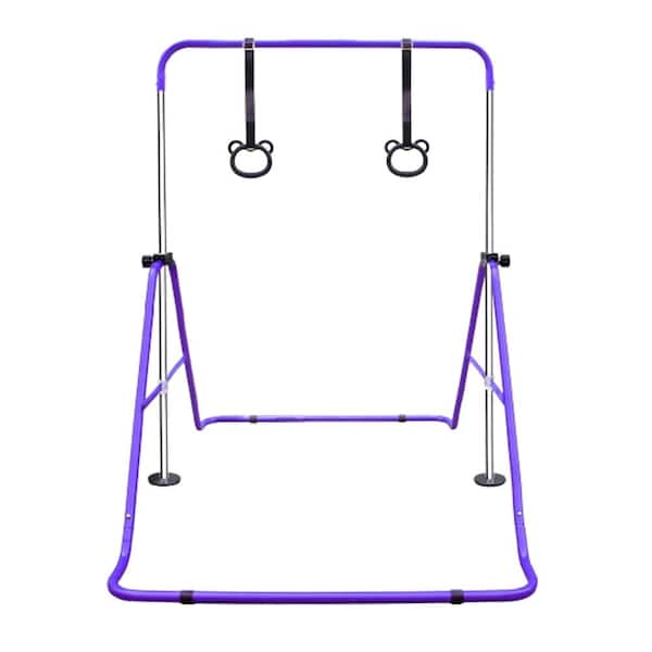 Children's Gymnastic Bar with Adjustable Height, Foldable Steel Frame, Anti-Slip Rubber Rings and Bear Rings, Purple