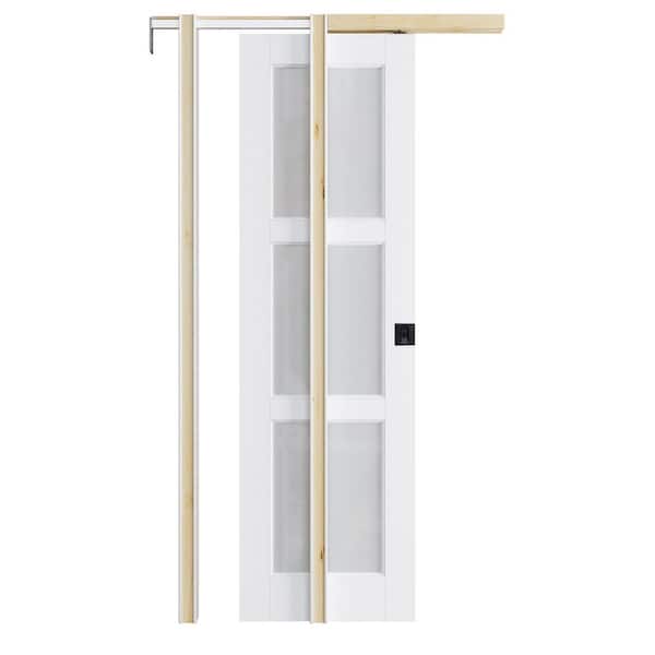 ARK DESIGN 24 in. x 80 in. 3-Lite Frosted Glass White Primed Wood Pocket Door with Hardware (Soft Close and Black Lock Included)