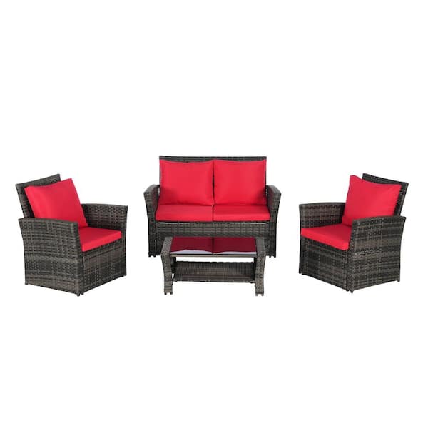 HOME FURNITURE HF INC 4-Piece Wicker Patio Conversation Set with Red Cushions