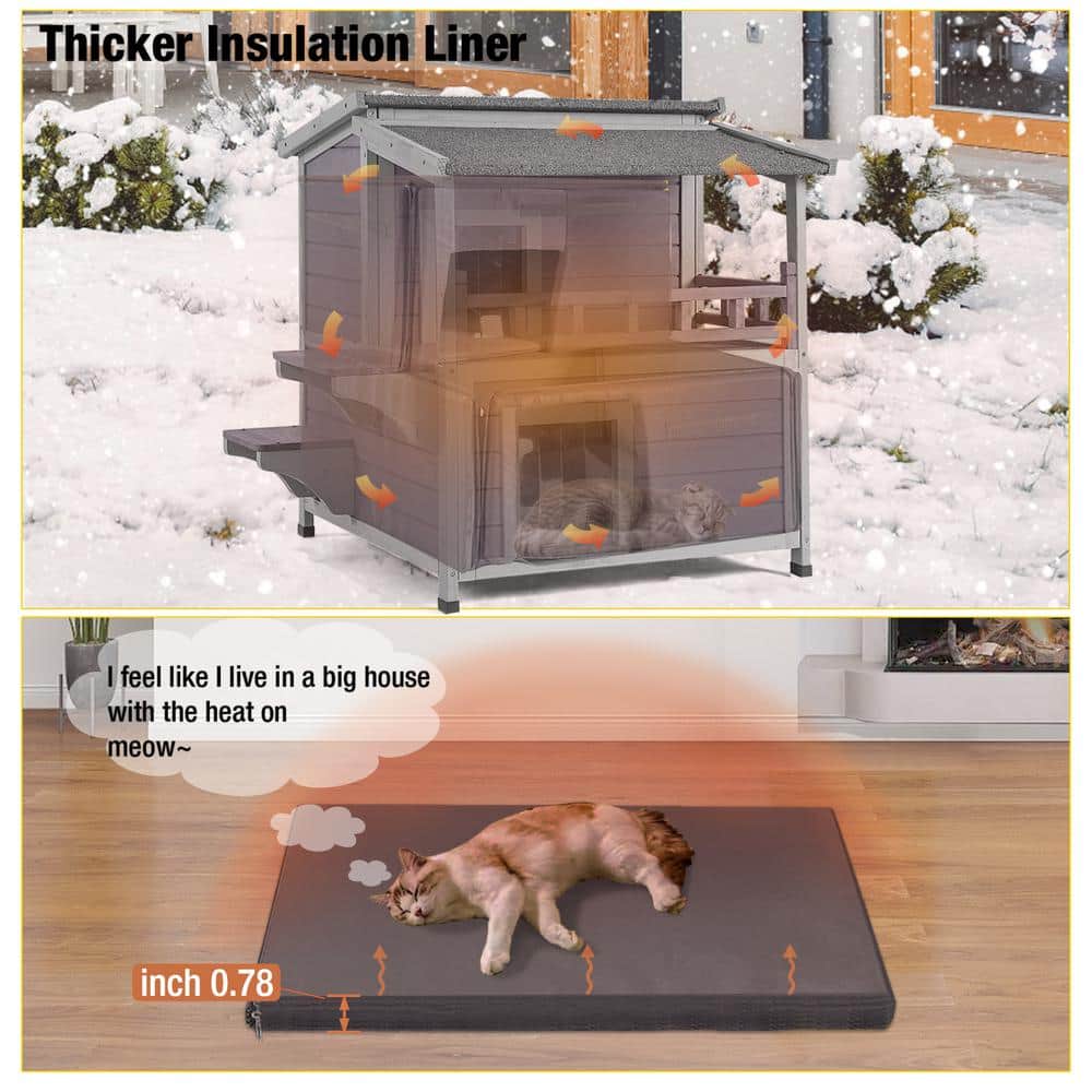 Insulated Two-Story Gray Outdoor Cat House with PVC Door