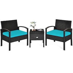 Black 3-Piece Wicker Outdoor Bistro Set with Turquoise Cushions