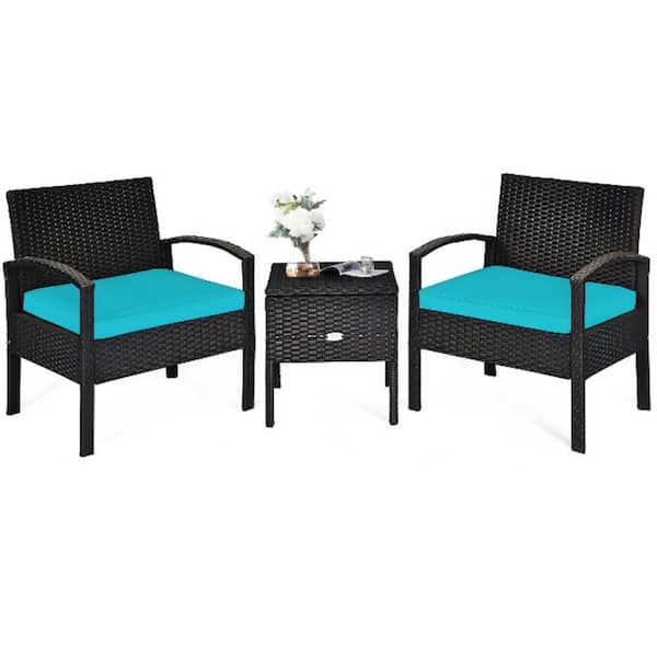 Alpulon Black 3-Piece Wicker Outdoor Bistro Set with Turquoise Cushions