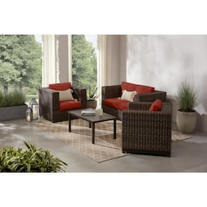 Fernlake 4-Piece Brown Wicker Outdoor Patio Deep Seating Set with Sunbrella Henna Red Cushions